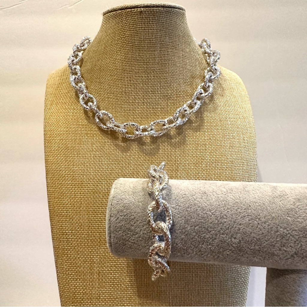 St. Thomas Necklace & Bracelet Set Collar Textured Hammered Sparkle Silver Chain